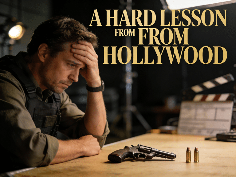 Film set armorer in tactical gear looks distressed at a table with a revolver and bullets, symbolizing safety concerns in Hollywood after the Rust shooting.