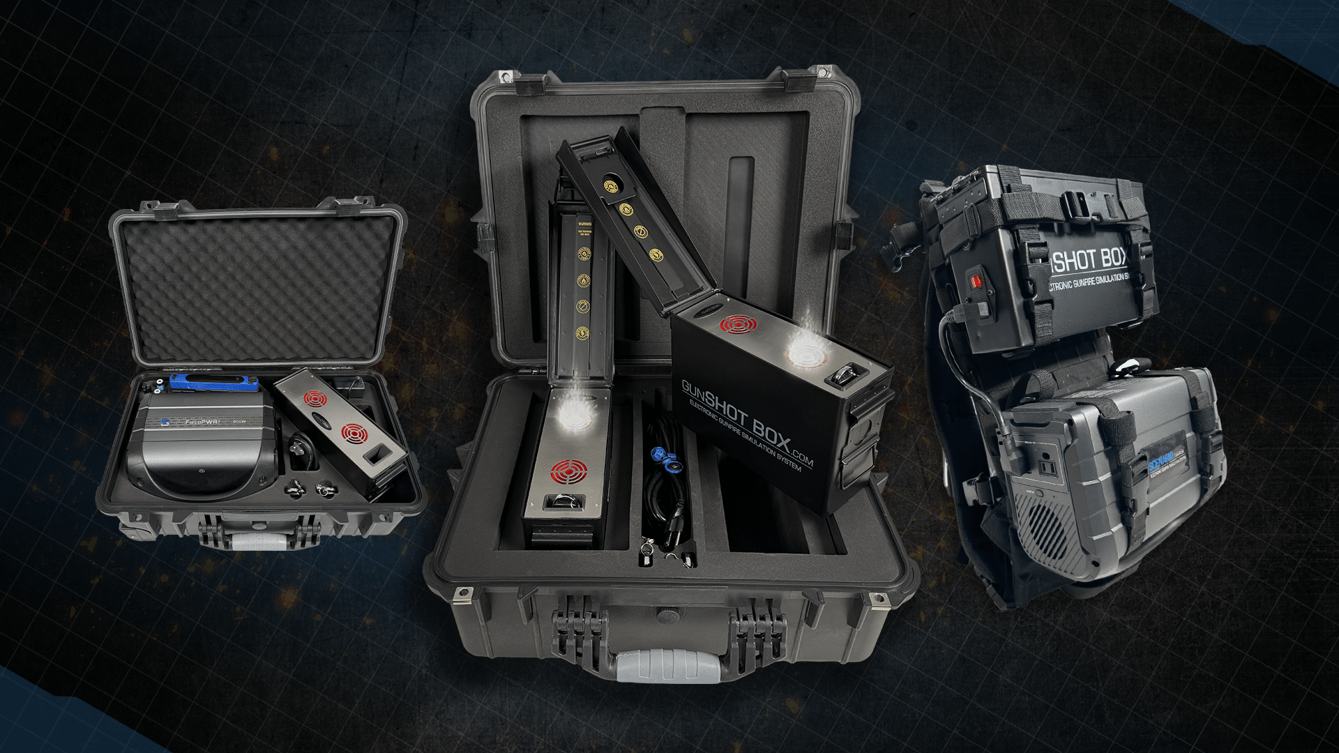 gunSHOT BOX, RAS-Pack, and gunSHOT BOX GO training systems displayed together, showing Scenario Trainer’s family of realistic, non-pyrotechnic gunfire simulators for law enforcement, military, and first responder scenario-based training.