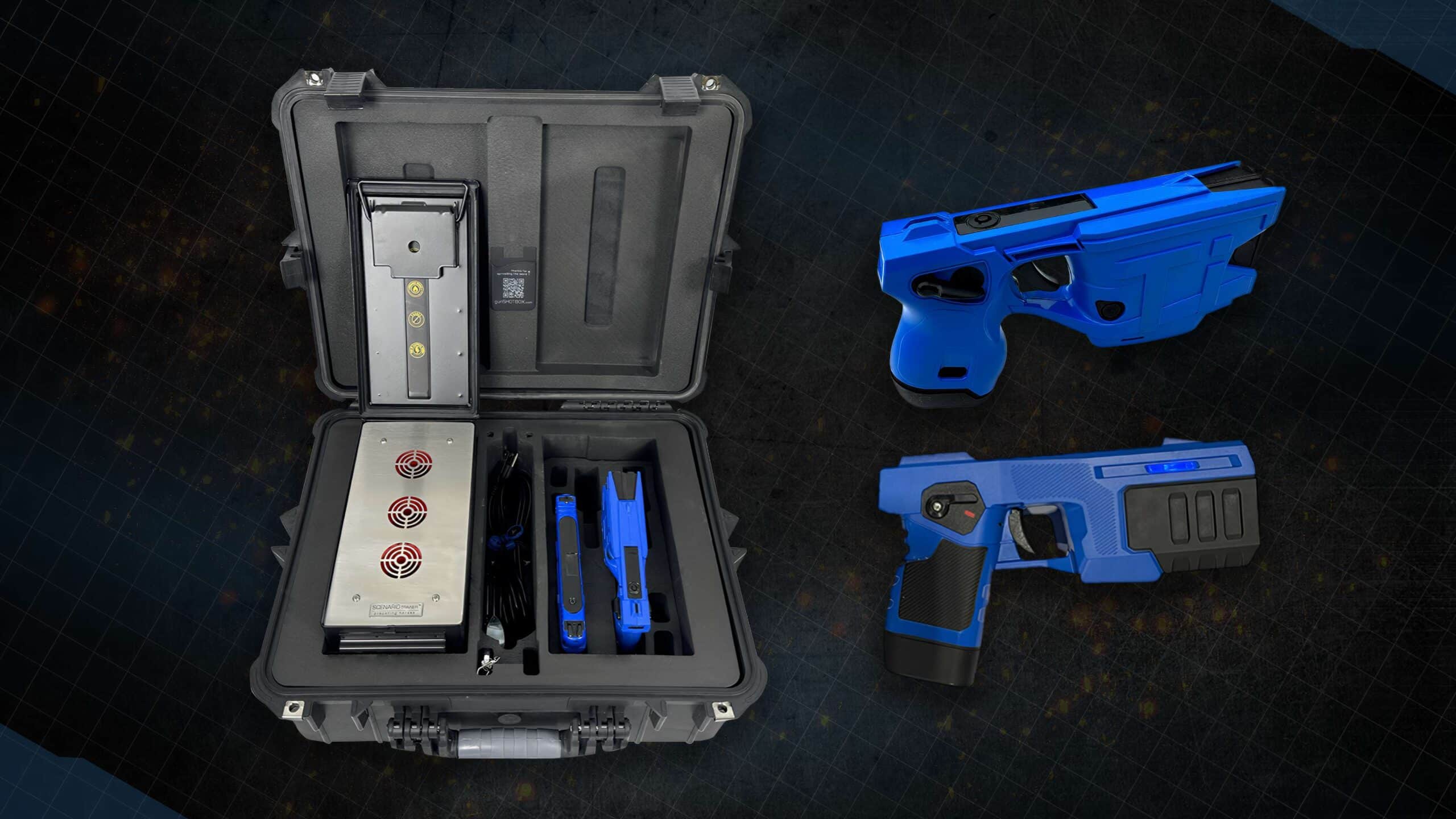 Array of less-lethal training devices and conductive energy simulation modules laid out on a table — used for safe, repeatable control and de-escalation drills.
