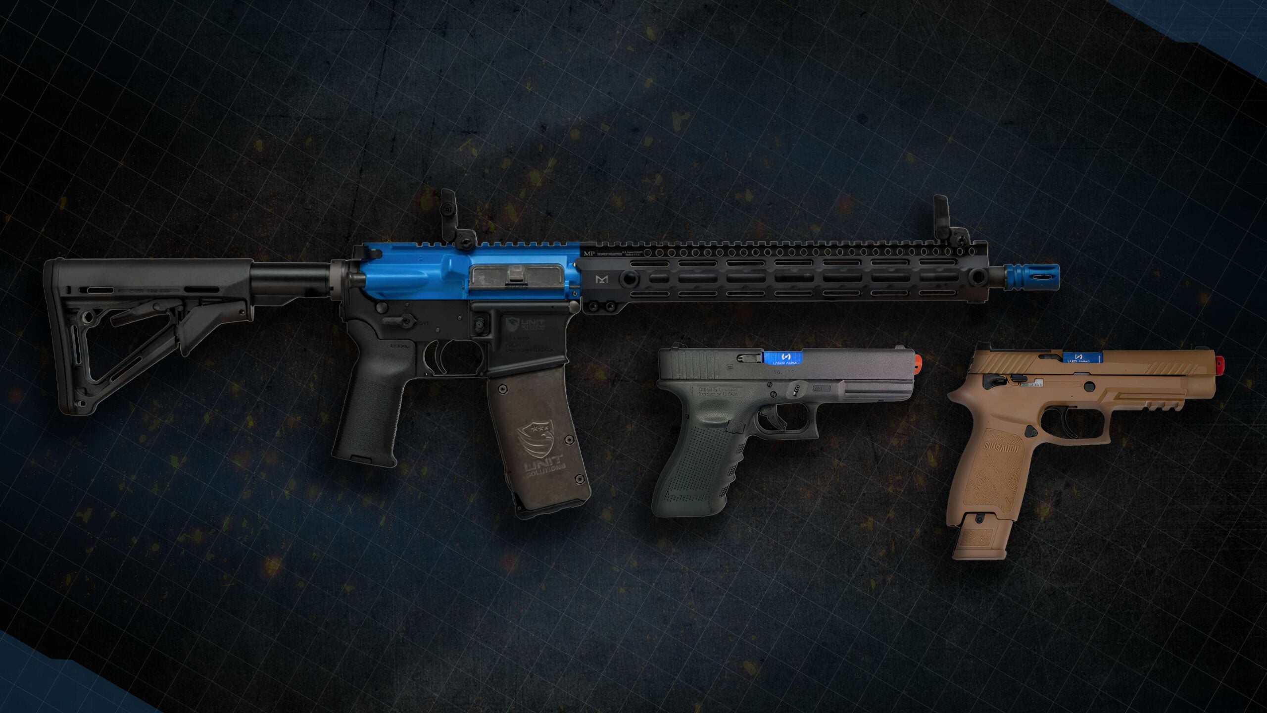 Recoiling training pistol and rifle with visible laser emitters and simulated recoil units — replicates weight and recoil for force-on-force and marksmanship drills.
