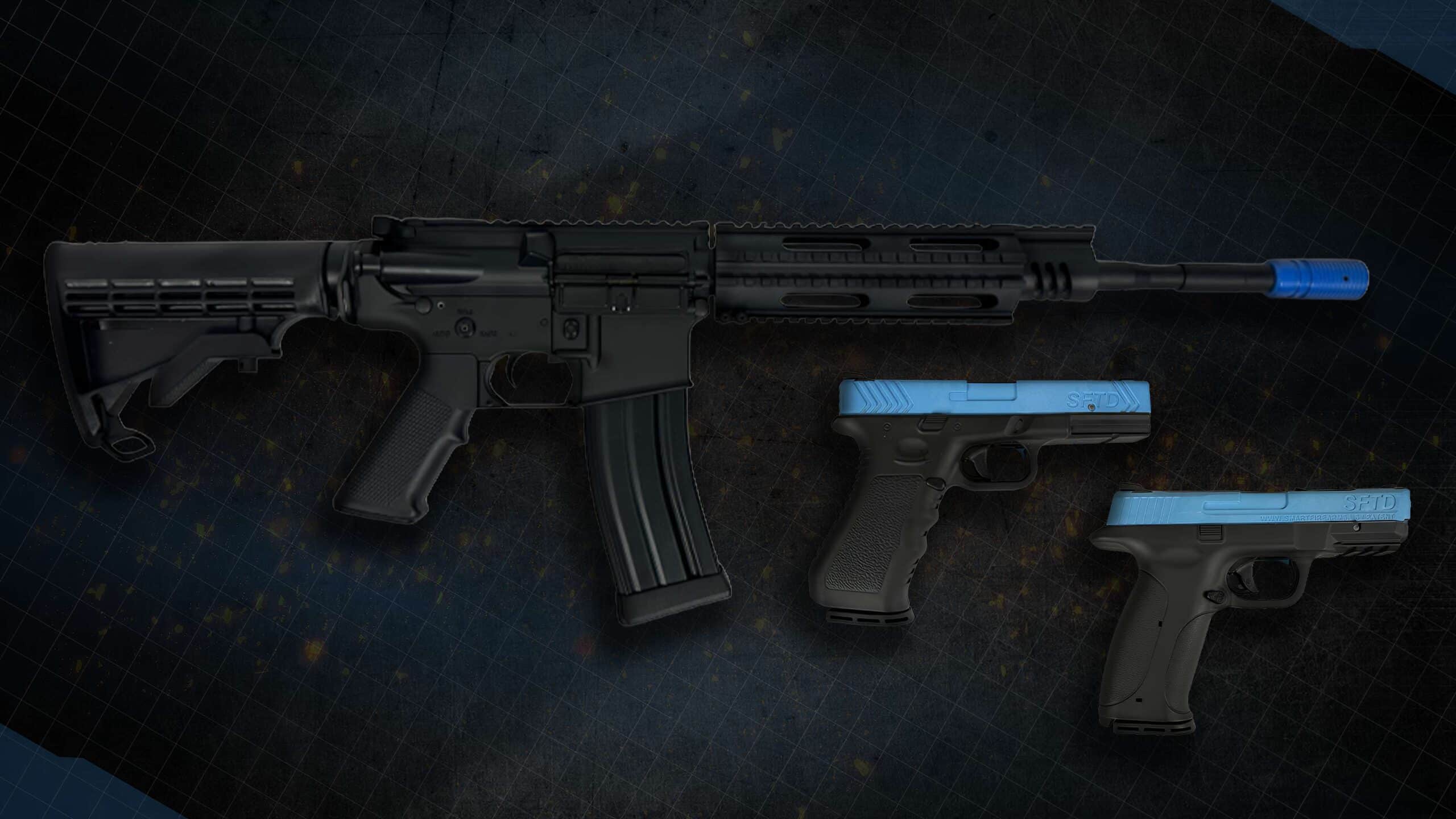 Electronic pistol and rifle linked to a training unit, showing trigger-incursion alarm indicators — used to teach trigger discipline and safe handling.
