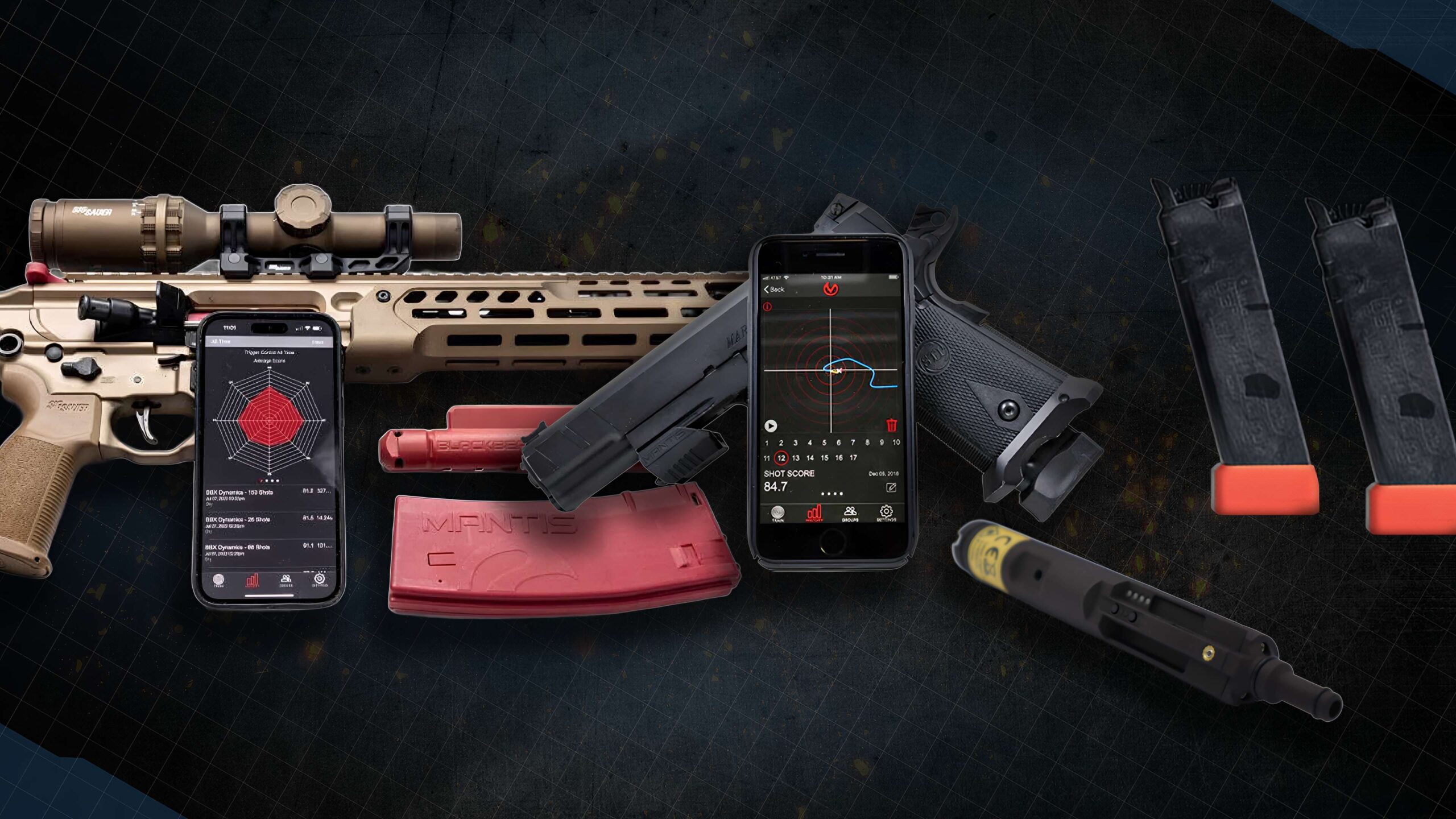 Handgun with dry-fire training magazine attached and tablet displaying performance feedback — realistic dry-fire practice without live ammunition